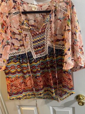 Meadow Rue Peach Floral Mixed-Print Peasant Top